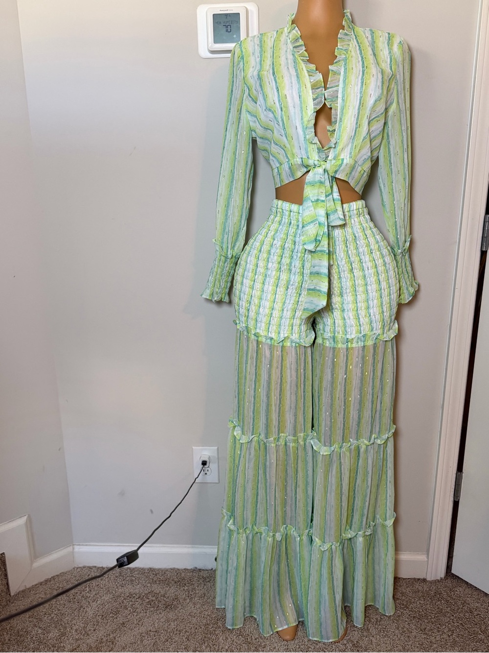 Banjul At The Wind Green and White Ruffle  Smocked Tiered pants and top